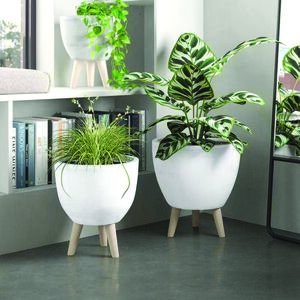 Serene Elegant and Durable Round Planter with Tripod Stand White and Beige